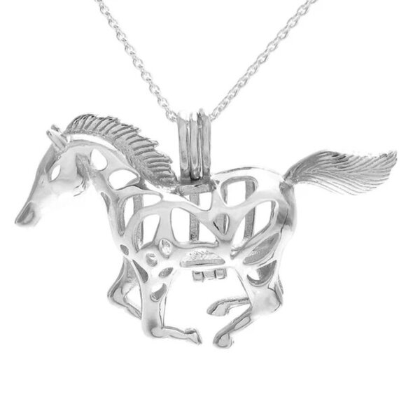 BEAUTIFUL 925 STERLING SILVER GALLOPING MUSTANG HORSE PEARL CAGE PENDANT. - Picture 2 of 6